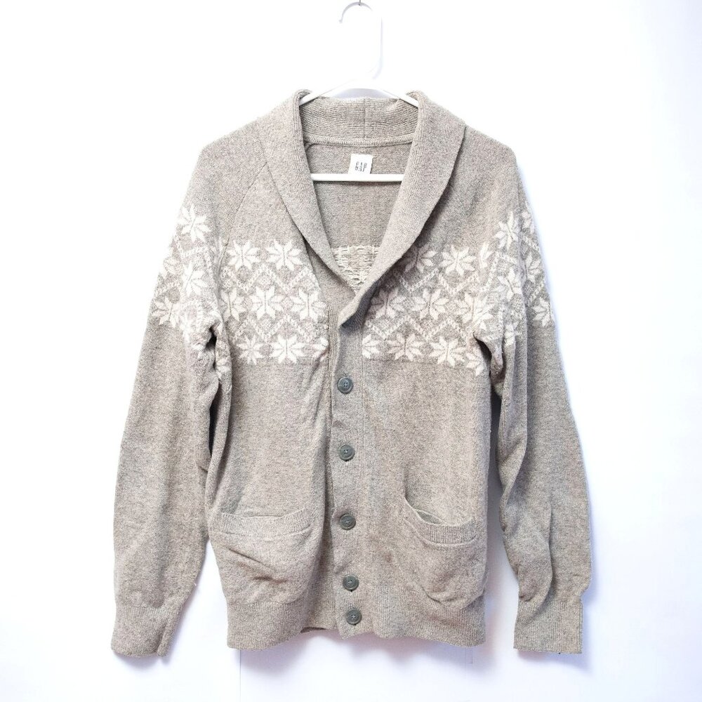 GAP Merino Wool Blend Fair Isle Cardigan Men's M Tall Gray Nordic Grandpacore